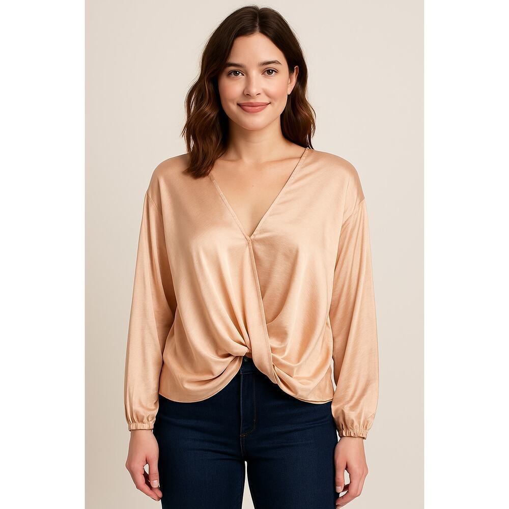 UMGEE shiny rose gold faux wrap drapey blouse long sleeve peasant M glam classy